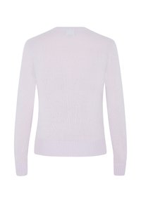 Helllila Strickpullover mit langen Ärmeln, rundem Ausschnitt und gerippten Bündchen und Saum. Weiche Textur und minimales Muster.