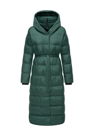 Long green puffer coat with a hood, featuring a belted waist, quilted texture, and ribbed cuffs. Soft, shiny material with a relaxed fit.