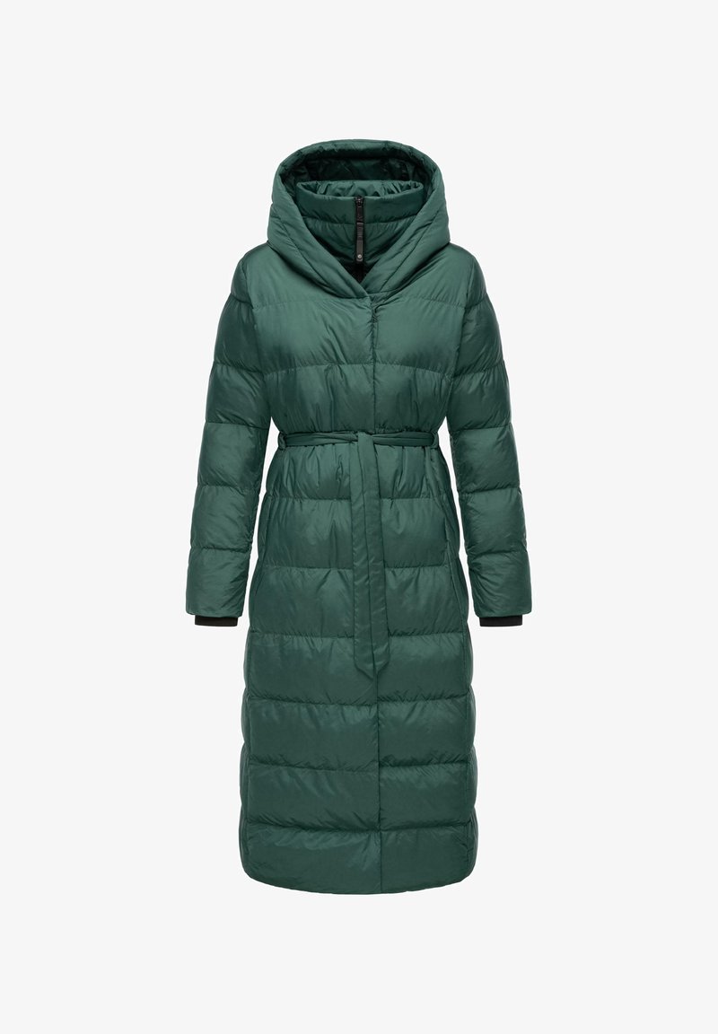 Lång grön pufferjacka med huva, som har en knytning i midjan, kviltad struktur och ribbade mudd. Mjuk, blank material med en avslappnad passform.