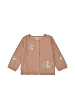 Brown toddler cardigan with front buttons, featuring pastel floral embroidery on chest, sleeves, and lower side.