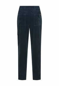 Dunkelblaue Cordhosen mit elastischem Bund, zwei Gesäßtaschen und einer Seitentasche im Cargo-Stil. Glatte Textur und schmal zulaufendes Design.