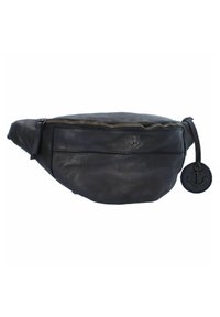 Marsupio in pelle nera con chiusura a zip, superficie testurizzata e targhetta con logo ad ancora circolare attaccata. Design compatto e curvo.