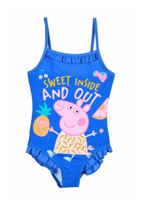 Blauer Einteiler Badeanzug mit Rüschenträgern, einem pinkfarbenen Cartoon-Schwein, tropischen Früchten und dem Text "SÜSS INNEN UND AUSSEN" in Gelb und Weiß.