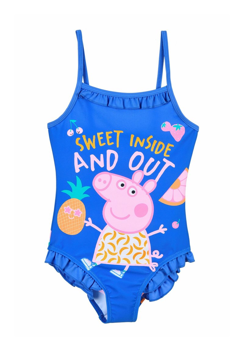 Blauer Einteiler Badeanzug mit Rüschenträgern, einem pinkfarbenen Cartoon-Schwein, tropischen Früchten und dem Text "SÜSS INNEN UND AUSSEN" in Gelb und Weiß.