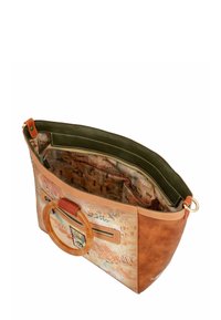 Braune und beiger Handtasche mit rundem Kunststoffgriff, vorderer Außentasche mit Reißverschluss und floral gemustertem Innenfutter mit zusätzlichen Fächern.