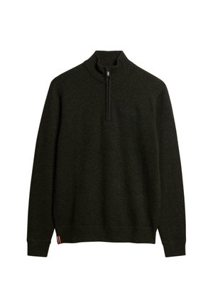 Pullover verde scuro con colletto alto e zip frontale a metà. Realizzato in tessuto testurizzato, presenta polsini e orlo a coste, con un sottile logo dettagliato.