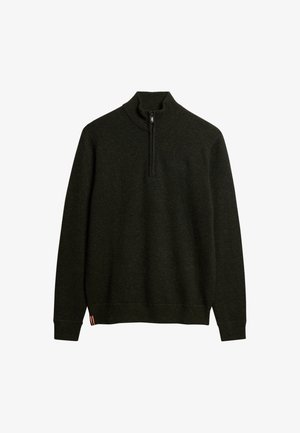 Pullover verde scuro con colletto alto e zip frontale a metà. Realizzato in tessuto testurizzato, presenta polsini e orlo a coste, con un sottile logo dettagliato.