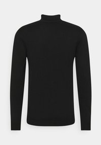 Sweater noir à col roulé, manches longues, texture lisse, design ajusté, col et ourlet côtelés, style minimaliste, couleur unie.