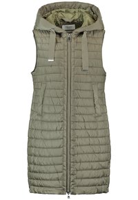 Vadderad ärmlös vest i olivgrönt, med dragkedja fram, stor huva och två sidofickor. Texturerad yta med vertikal kviltning.