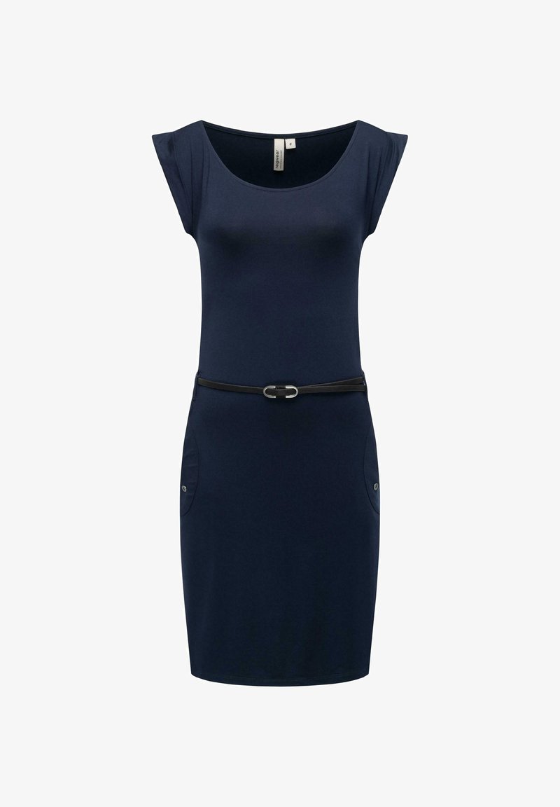 Granatowa, dopasowana sukienka wykonana z elastycznego materiału. Posiada krótkie rękawy, czarny pasek w talii oraz dwie boczne kieszenie z guzikami.