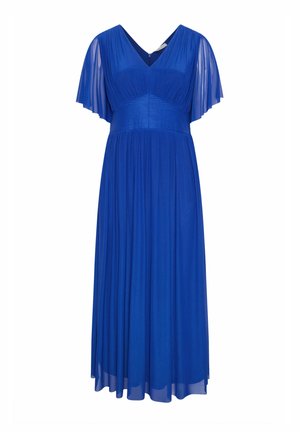 Blauwe midi-jurk met geplooide top, brede tailleband, doorschijnende wijd uitlopende mouwen en een vloeiende rok.
