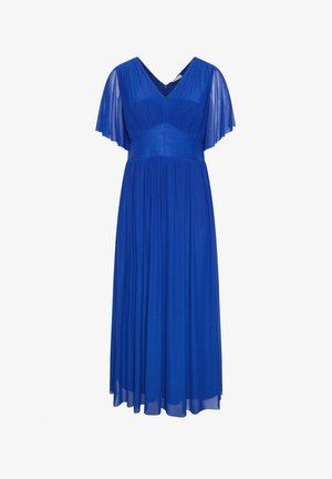 Vestido midi azul con cuerpo plisado, cinturilla ancha, mangas cortas transparentes y falda fluida.