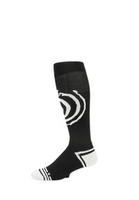 Czarne skarpetki do kolan z białym wzorem w spirale, z wzmocnionymi palcami i piętami oraz paskiem w górnej części dla dodatkowego wsparcia.