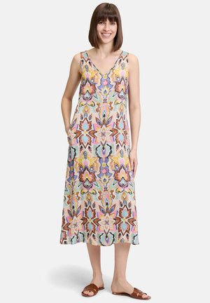 Maxikleid aus leichtem Stoff mit einem bunten Blumenmuster in Rosa, Braun und Blau. V-Ausschnitt und seitliche Taschen.