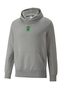 Grå hættetrøje lavet af blødt stof, med en frontlomme, ribbede manchetter og et grønt Minecraft-tema logo på brystet.