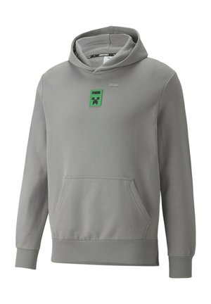 Šedá mikina s kapucí vyrobená z měkké látky, s přední kapsou, žebrovanými manžetami a zeleným logem inspirovaným Minecraftem na hrudi.