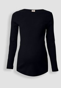 Fekete, hosszú ujjú felső bordázott anyagból, kerek nyakkivágással és ívelt alsó szegéllyel a karcsú illeszkedés érdekében.