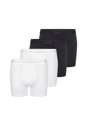 Quatre paires de boxers pour hommes en blanc et noir, disposées avec deux blancs à l'avant et deux noirs à l'arrière, avec des bandes élastiques à la taille de marque.