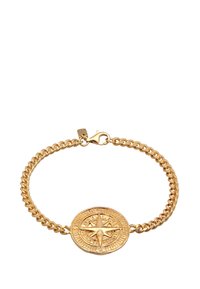 Guldfärgad metallarmband med en kraftig kedjedesign, med en kompassberlock detaljerad med upphöjda riktmärken.