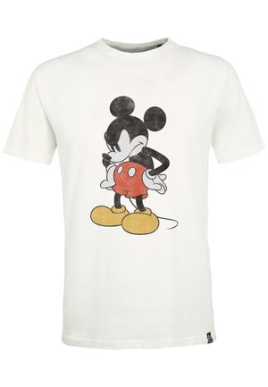 Weißes Baumwoll-T-Shirt mit einer im Vintage-Stil gestalteten Illustration einer Cartoon-Maus mit schwarzen Ohren, roten Shorts und gelben Schuhen.
