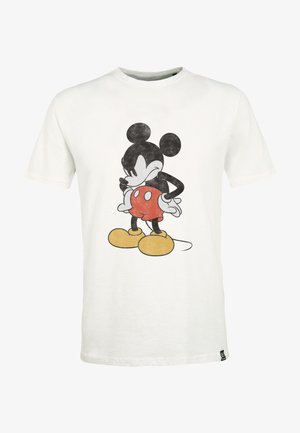 Weißes Baumwoll-T-Shirt mit einer im Vintage-Stil gestalteten Illustration einer Cartoon-Maus mit schwarzen Ohren, roten Shorts und gelben Schuhen.