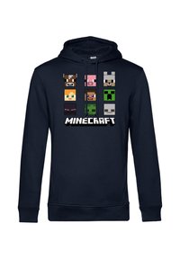 Felpa blu navy con grafica di Minecraft e personaggi pixelati. Include una tasca frontale e cappuccio regolabile con cordino.