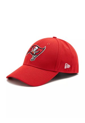 Red baseball cap features an embroidered team logo on the front, a structured crown, and a curved brim. Side logo in white.