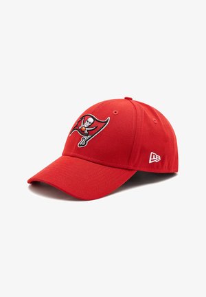 Red baseball cap features an embroidered team logo on the front, a structured crown, and a curved brim. Side logo in white.