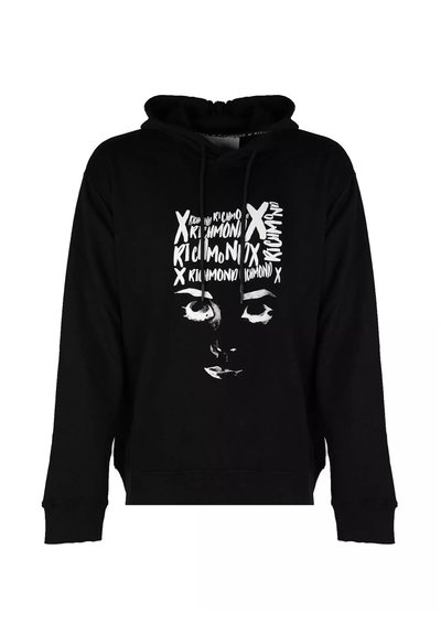 Felpa nera con grafica frontale caratterizzata da testo bianco e un volto stilizzato. Cappuccio con coulisse, tessuto morbido, vestibilità rilassata, polsini e orlo a costine.