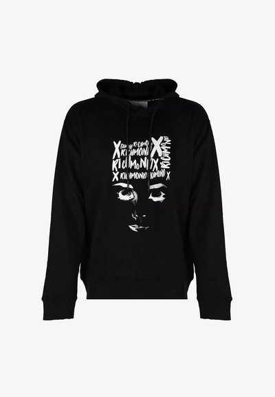 Felpa nera con grafica frontale caratterizzata da testo bianco e un volto stilizzato. Cappuccio con coulisse, tessuto morbido, vestibilità rilassata, polsini e orlo a costine.