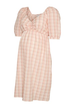 Lyserød og hvid ternet kjole til knæet med puffede korte ærmer og rynket V-hals bodice.