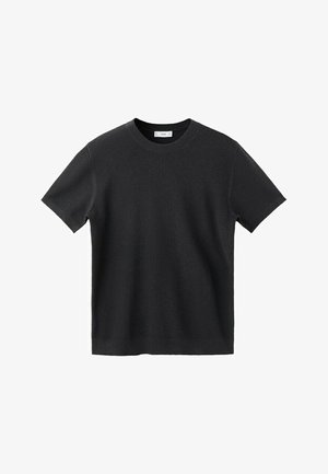 Zwarte korte mouw gebreide trui met ronde hals, rechte zoom en fijne textuur.