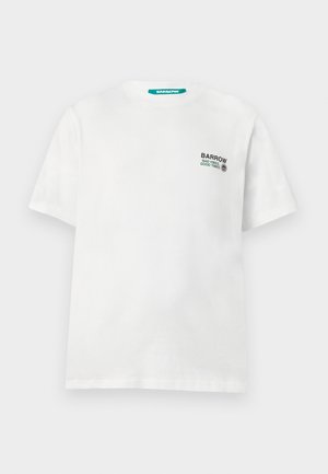White short-sleeve T-shirt with "BARROW BAD VIBES, GOOD TIMES" text and a smiley face printed in black and green on the left chest.