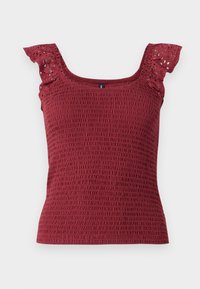 Burgundy, smocked tank top featuring a square neckline and delicate ruffled sleeves with eyelet cutouts. Soft, textured fabric.