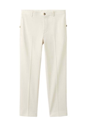 Pantalon droit couleur crème avec passants de ceinture, fermeture par bouton et détails de boutons sur l'onglet latéral sur fond blanc.