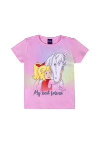 T-shirt di cotone rosa con una grafica di una ragazza dai capelli biondi che abbraccia un cavallo bianco. Il testo dice "Il mio miglior amico" in glitter argento.