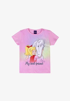 Pink cotton t-shirt featuring a graphic of a girl with blonde hair embracing a white horse. Text reads "My best friend" in silver glitter.