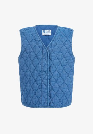 Gilet en denim matelassé bleu clair, avec un col en V, sans manches, et un motif en diamant texturé. L'étiquette indique "BLUE RIDGE 134/140."