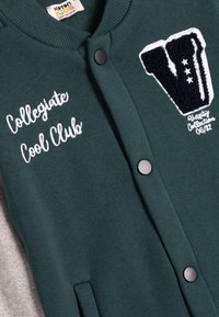 Donkergroene varsityjack met grijze accenten. Voorzien van geborduurd "V"-logo, "Collegiate Cool Club" en drukknopen. Zachte textuur.