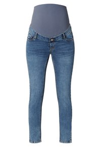Jeans ciążowe skinny, niebieski dżins, dopasowany fason, elastyczny pas nad brzuchem, pięć kieszeni, jasny odcień z delikatnym wypłowieniem.