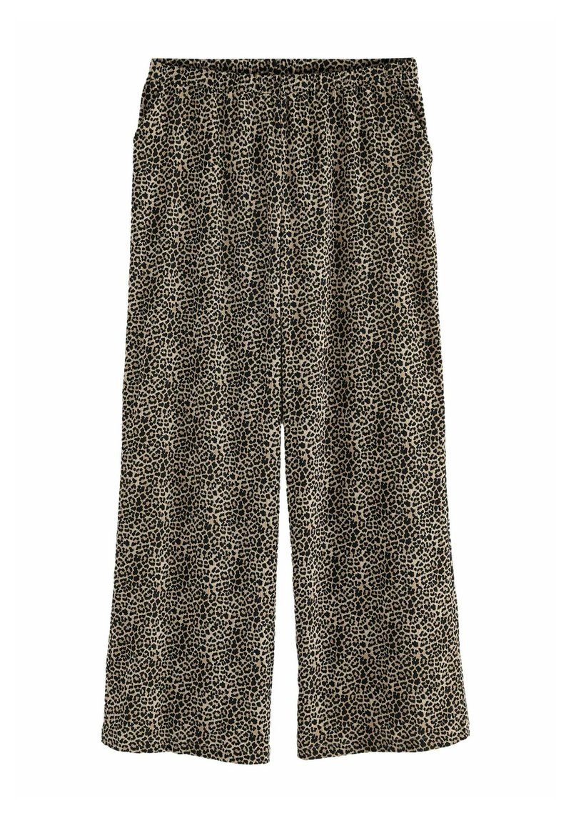 Pantaloni cu imprimeu leopard, cu picioare largi, dintr-un material ușor. Au un waistband elastic și un croi lejer, vaporizant. Model în nuanțe de maro și negru.