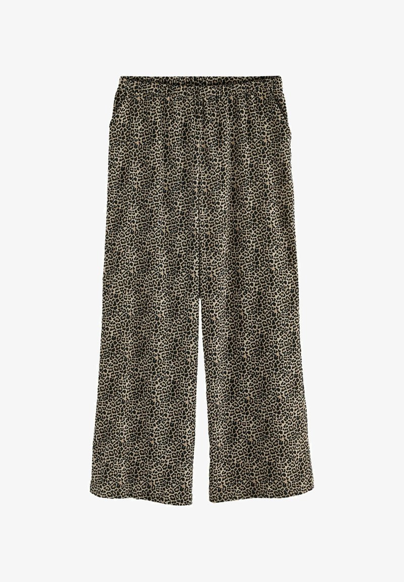 Leopardenmuster-Hosen im weit geschnittenen Stil aus leichtem Stoff. Sie verfügen über einen elastischen Bund und einen lockeren, fließenden Schnitt. Braun-schwarzes Muster.
