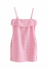 Růžové kostkované šaty s překládaným off-the-shoulder topem, tenkými nastavitelními ramínky a volným střihem. Vyrobeno z lehkého materiálu.