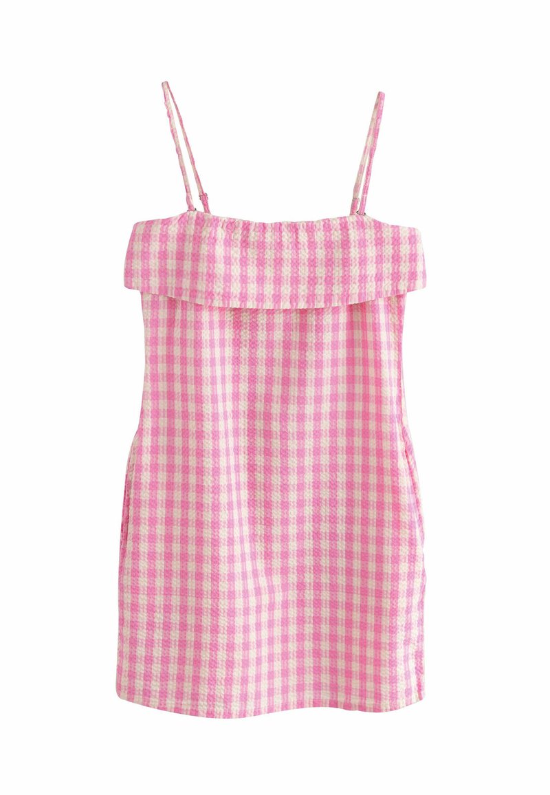 Růžové kostkované šaty s překládaným off-the-shoulder topem, tenkými nastavitelními ramínky a volným střihem. Vyrobeno z lehkého materiálu.