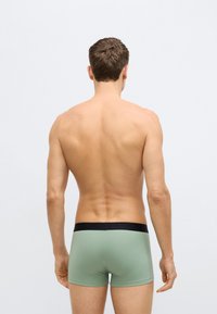 Zielone bawełniane bokserki z szerokim czarnym pasem w talii, widoczne od tyłu, prezentujące gładką teksturę i dopasowany krój.