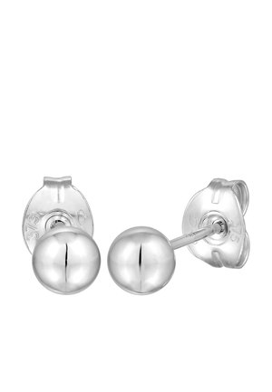 Silberne Ball-Stud-Ohrstecker mit einer glatten, glänzenden Oberfläche, ausgestattet mit einem Stift und einer Schmetterlingssperre. Jeder Ball ist symmetrisch und poliert.