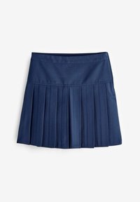 Gonna a pieghe blu marino con cintura liscia. Realizzata in un tessuto resistente, presenta diverse pieghe verticali per un flusso strutturato.