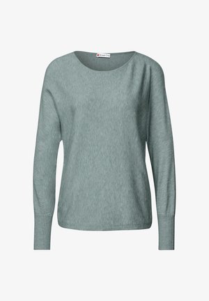 Suéter azul verdoso claro hecho de material de punto suave, que presenta un escote amplio y puños acanalados, con un corte relajado y una textura sutil.