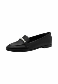 Loafers negri din piele, cu talpă plată și vârf rotund, având o bandă decorativă de perle false albe în partea din față.