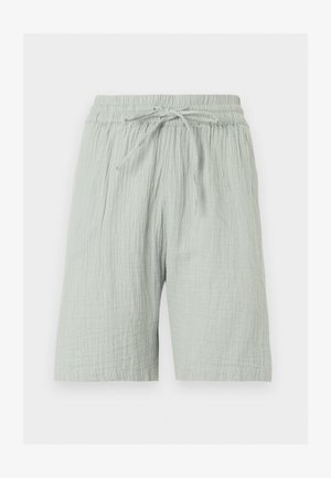 Ανοιχτό γκρι σορτς με κορδόνι και ελαστική μέση, υφασμάτινο με υφή, μήκους μέχρι το γόνατο, εμφανίζεται πάνω σε λευκό φόντο.